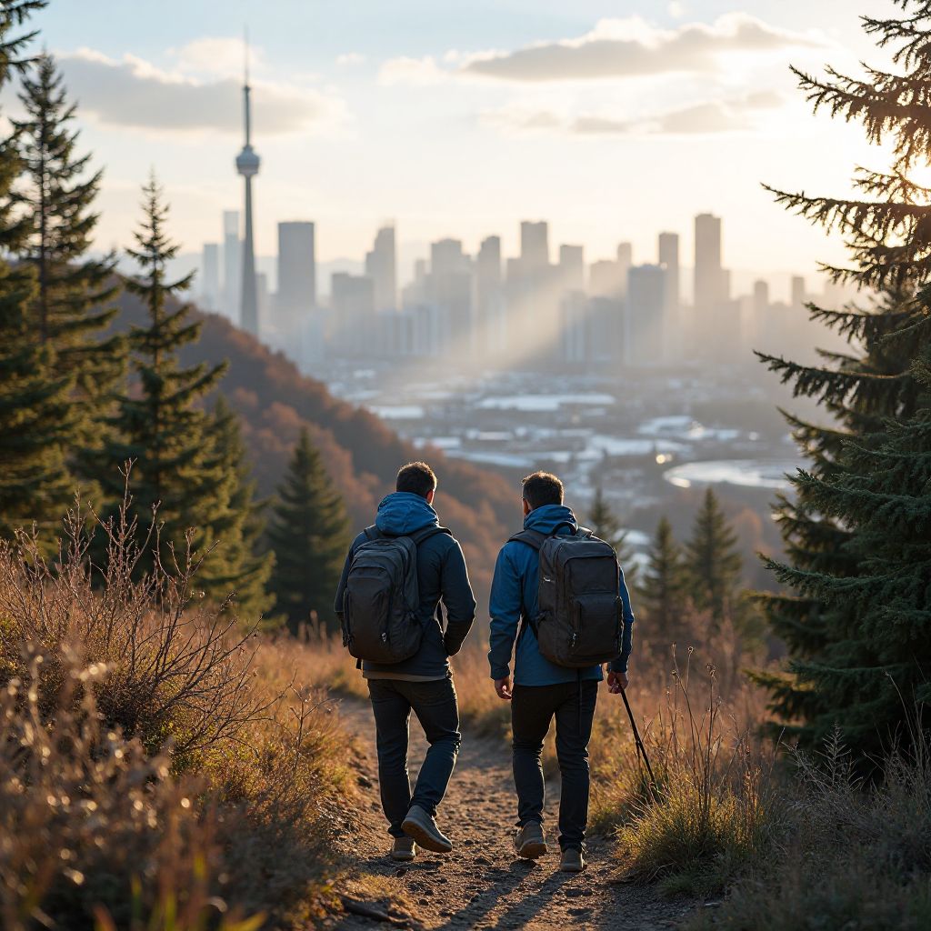 Founders of 6ix Trails Co. on scenic hiking trail with Toronto skyline