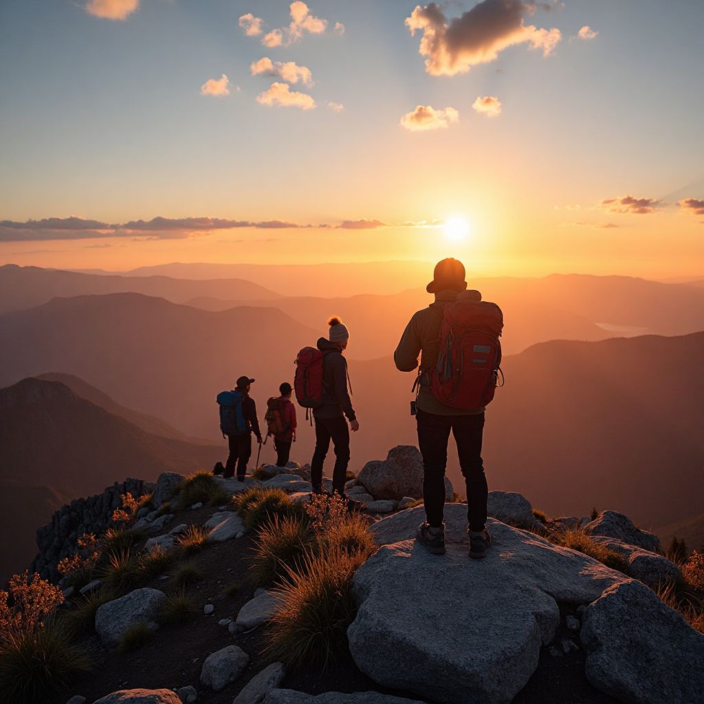 Group of hikers enjoying sunset view from mountain summit