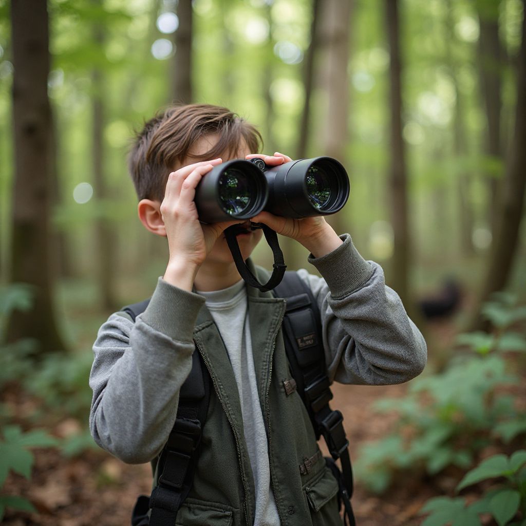 Wildlife spotting session with guide using binoculars in forest