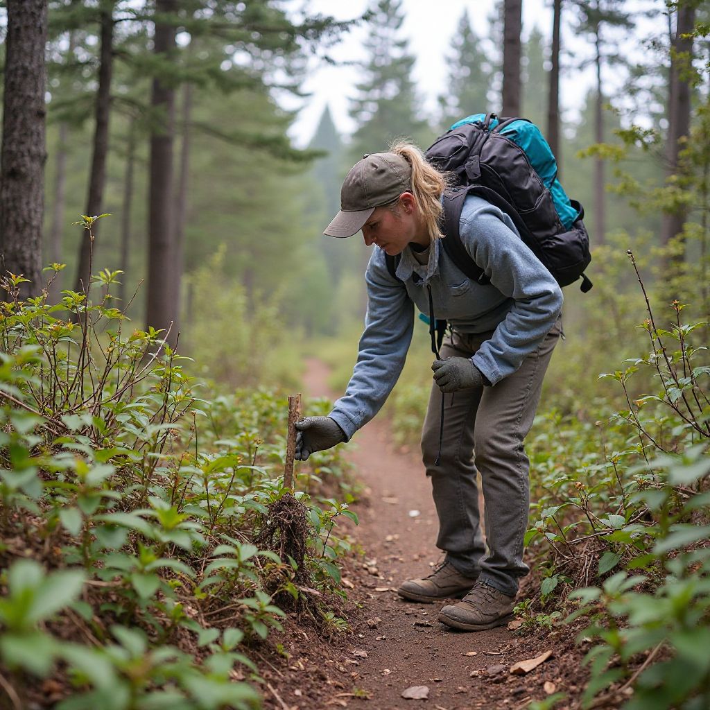 Eco-friendly trail cleanup activity with volunteer hikers
