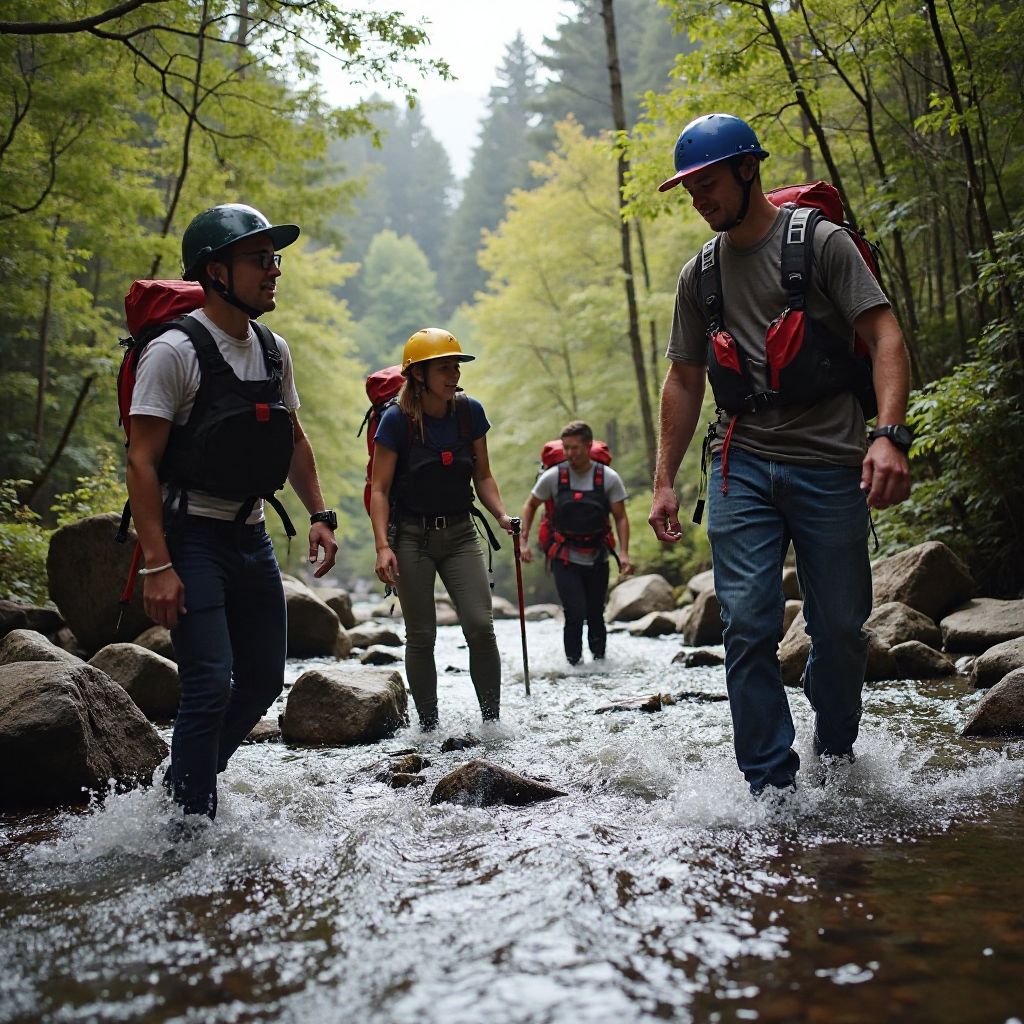 Team building corporate group crossing stream on guided hike