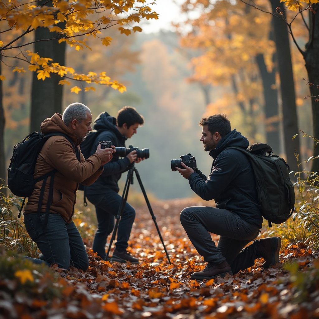Photography workshop participants capturing autumn forest scenery