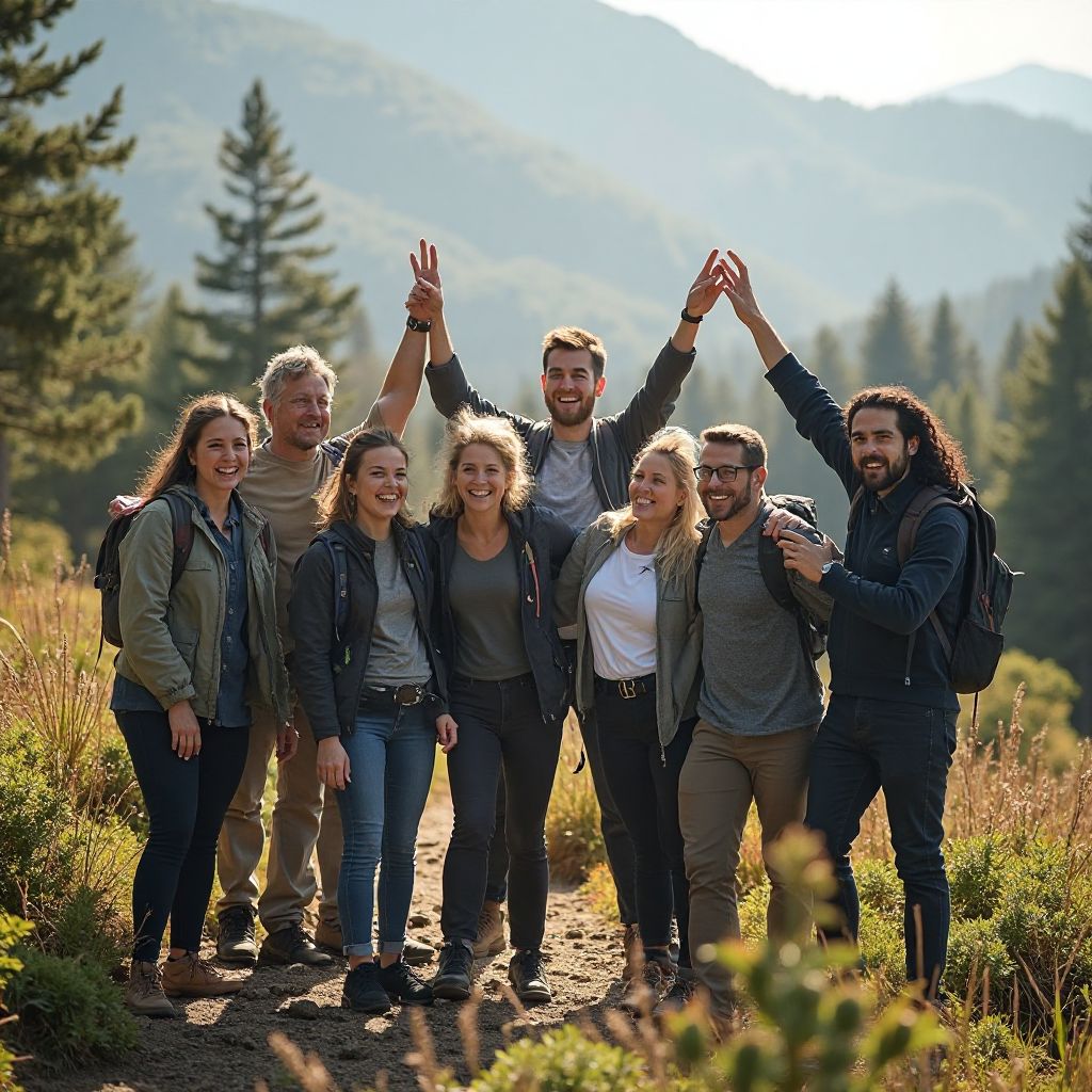 Corporate team hiking group celebrating achievement