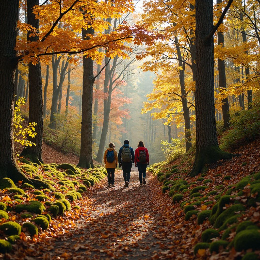 Forest trail with autumn leaves and hiking group