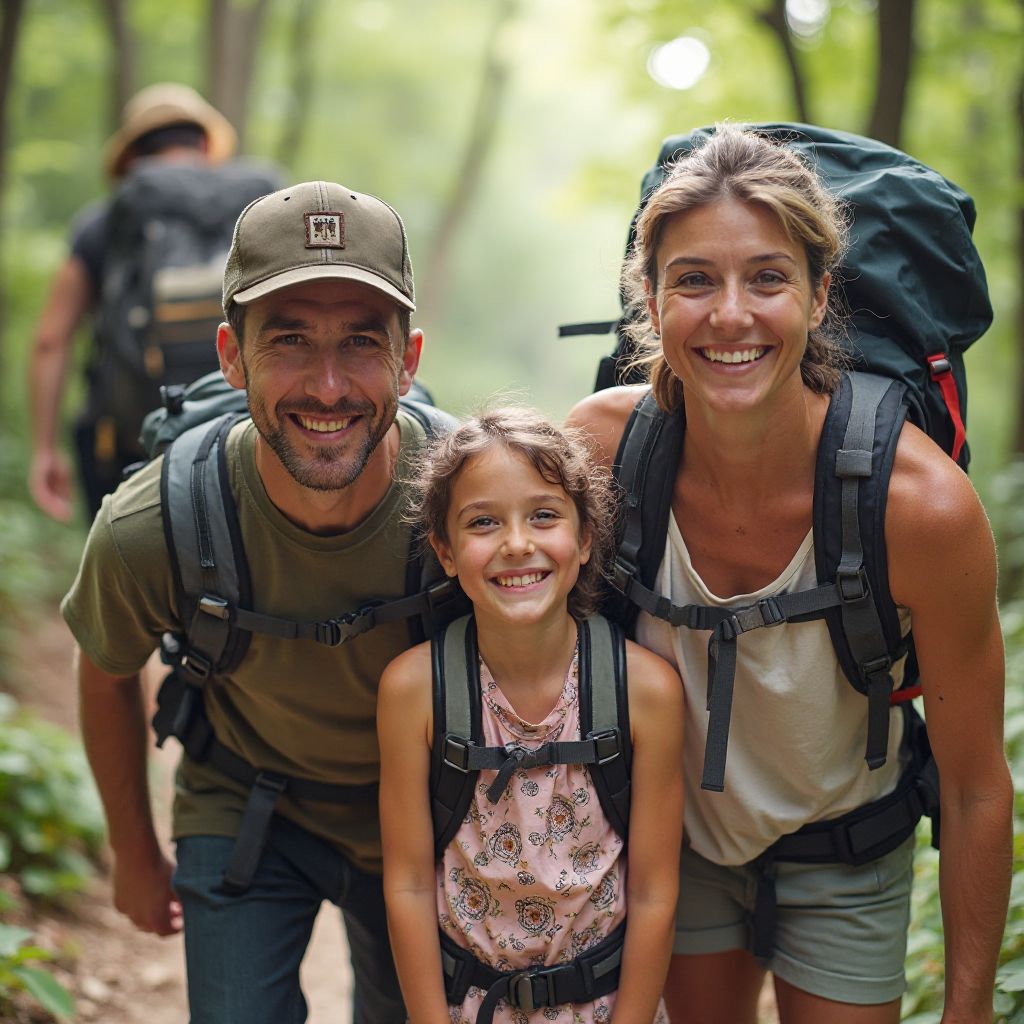 Happy family group of hikers smiling on trail