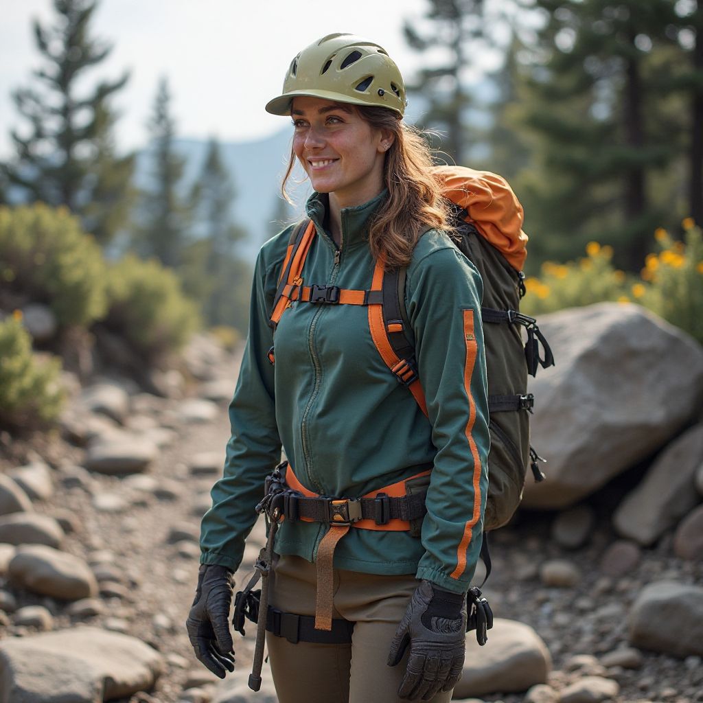 Guide Elena with safety equipment on rocky terrain