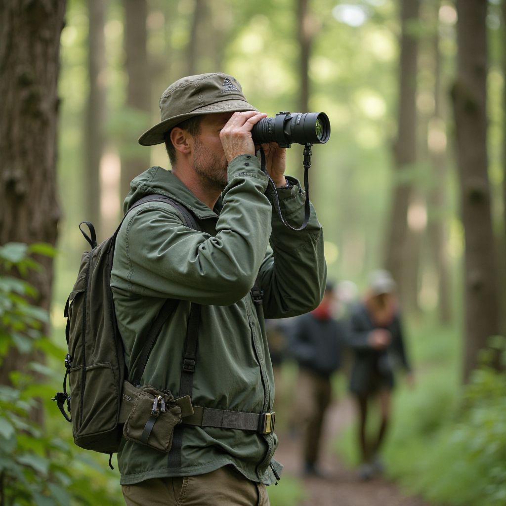 Trail guide Marcus with binoculars in forest setting