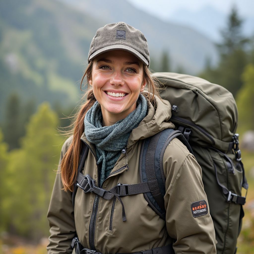 Professional hiking guide Sarah with mountain gear