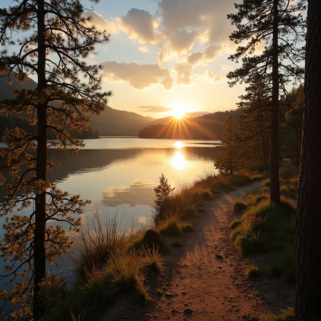 Lakefront hiking trail at sunset with water reflection
