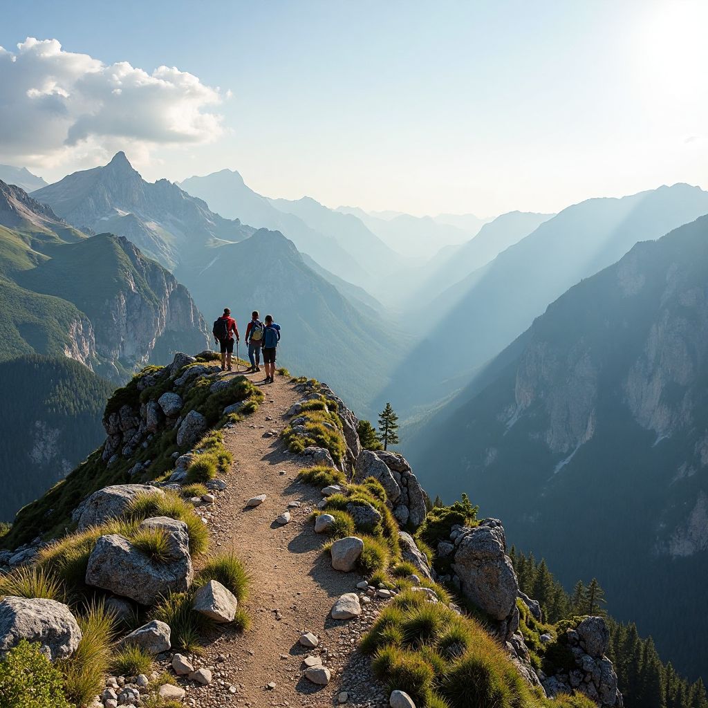 Rocky mountain trail with panoramic view and hikers