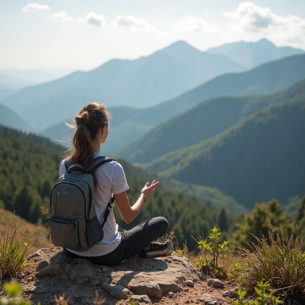 Solo hiker enjoying peaceful moment at scenic overlook